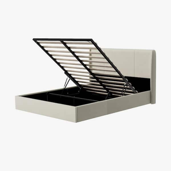 White Frame Queen Size Wingback Upholstered Platform Bed with Lift-up Storage Supported by Metal and Wooden Slats