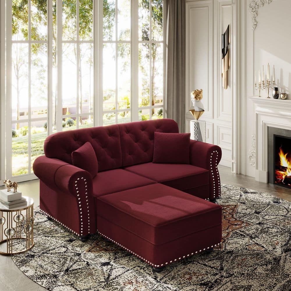 Camdany 63 in. Rolled Arm 2-Piece Velvet Sectional Sofa with Ottoman and Nailhead Trim in Burgundy Red New price history on PriceWatchPro