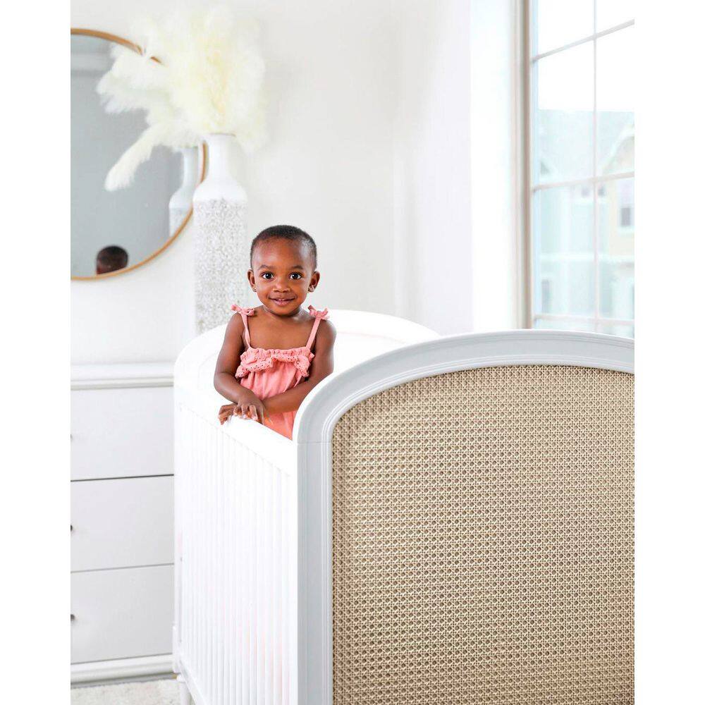 White and Natural Wood Convertible Toddler Crib with Cane Panels
