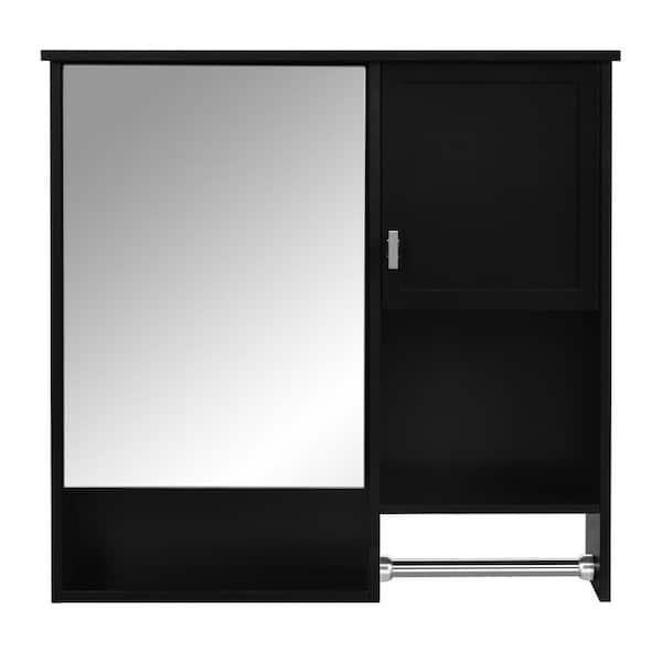 29.5 in. W x 28.7 in. H Rectangular Wood Medicine Cabinet with Mirror and Towel Bar in Black