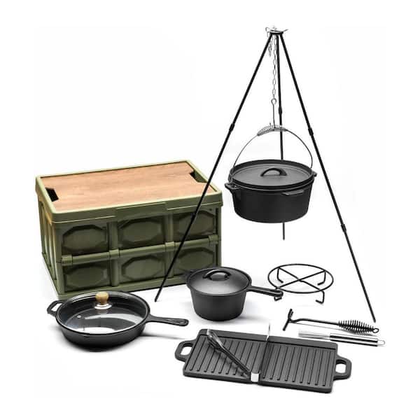 8-Piece Black Cast Iron Camping Cookware Set with Dutch Oven, Skillets, Tripod, Storage Box, Pre-Seasoned