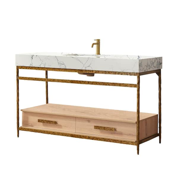 Dhaka 55.1 in. W x 22 in. D x 33.9 in. H Single Bath Vanity in Yellow Bronze Metal Support w/White Composite Stone Top