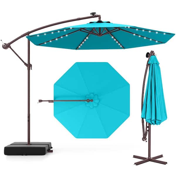 10 ft. Steel Hanging Offset Umbrella 32 LED Lights Sand Bag Cantilever Patio Umbrella in Turquoise