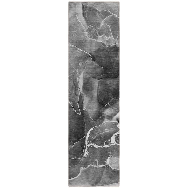 HomeRoots Black Gray and White 2 ft. x 7 ft. Abstract Indoor / Outdoor Area Rug