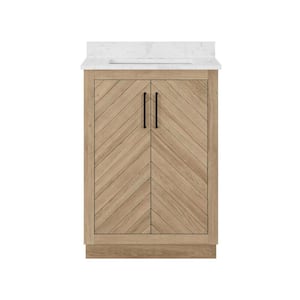 Huckleberry 24 in. Single Sink Freestanding Weathered Tan Bath Vanity with White Engineered Marble Top (Assembled)