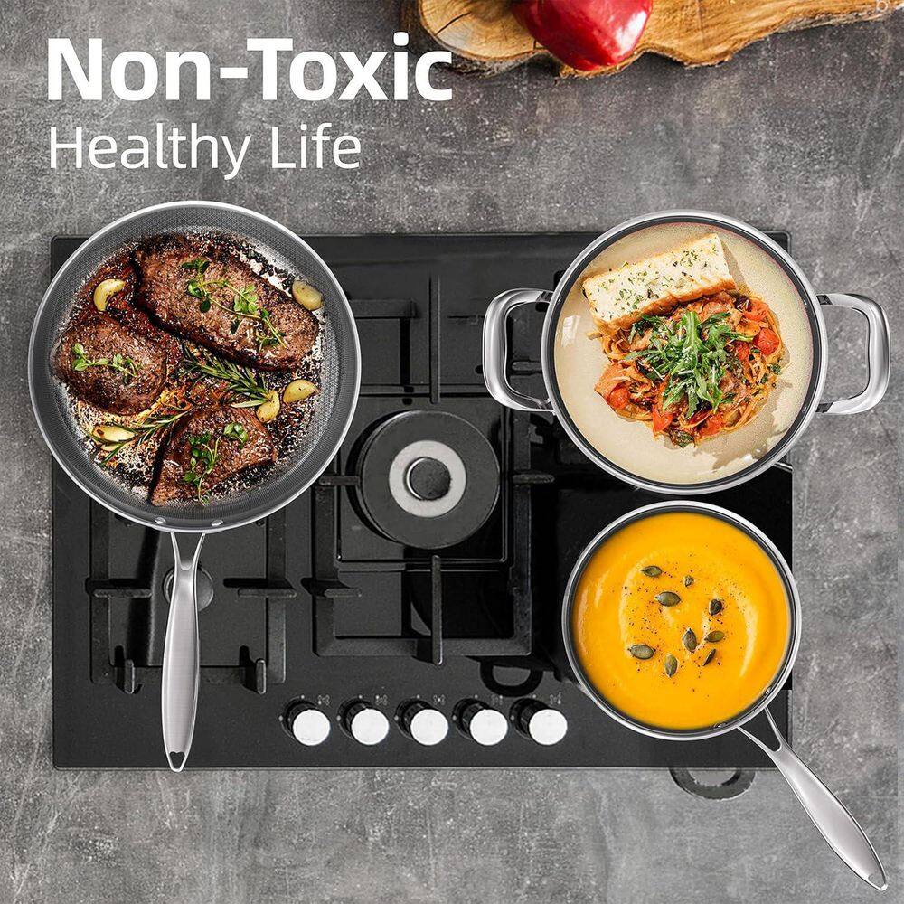 Tri Ply Stainless Steel Nonstick Frying Pan and Skillet Set Induction Oven Safe Stay Cool Handles 3-Pack