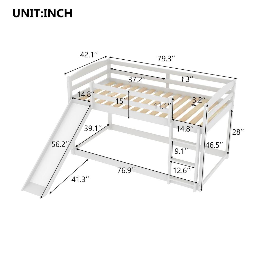 White Twin-over-Twin Bunk Bed with Slide and Storage Drawers