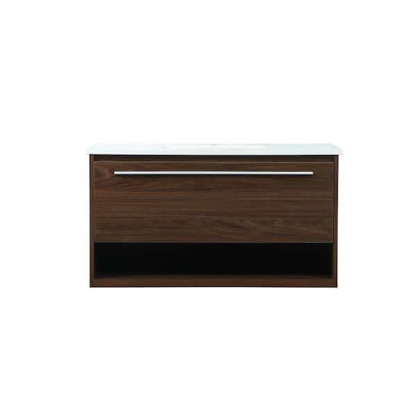 Unbranded Simply Living 36 in. Single Bathroom Vanity in Walnut with Quartz Vanity Top in Ivory White