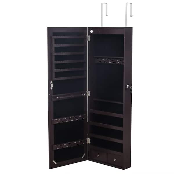 Winado Wooden Wall Hanging Brown Jewelry Armoire Storage Cabinet with 8 Blue Light LED 42.5 in. H x 14.6 in. W x 3.9 in. D