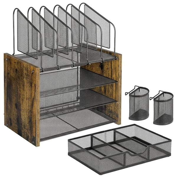Premium 4-Tier Wood & Mesh Desk Organizer with File Holders