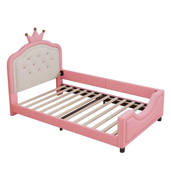 Pink Wood Frame Twin Platform Bed with Button Tufted Crown Headboard for Kids
