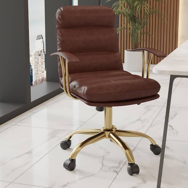 Leisuremod Regina Modern Adjustable Height Executive Walnut Brown Leather Office Chair with Armrests, Tilt and 360° Swivel