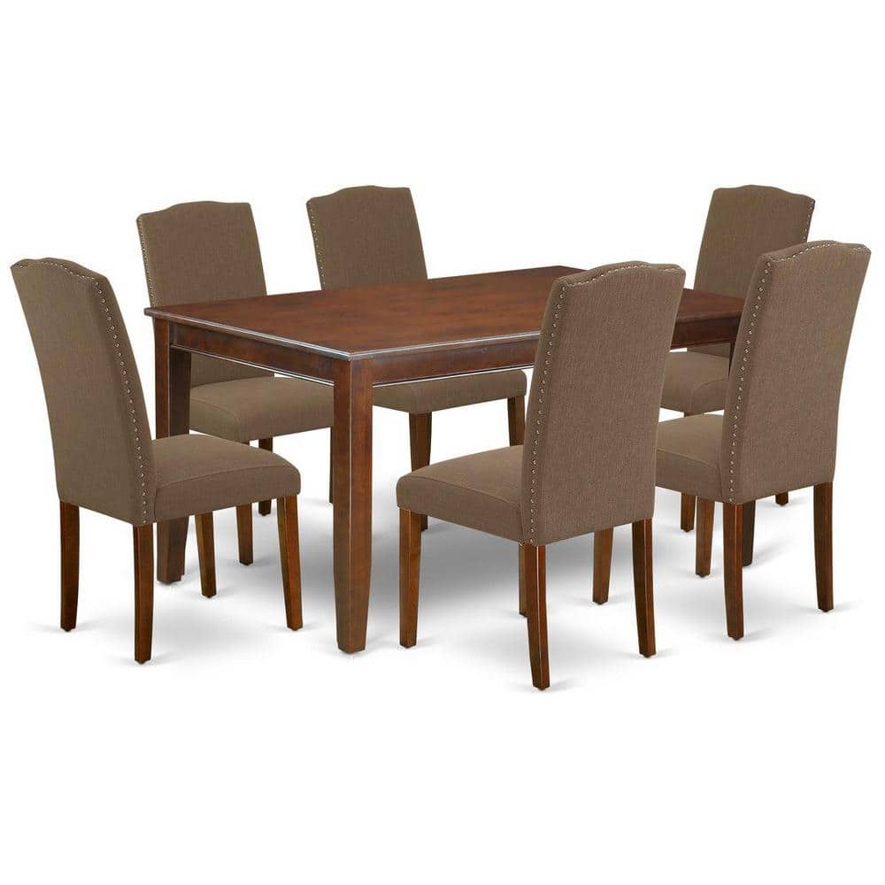 7-Piece Rectangle Mahogany Finish Solid Wood Top Dining Table with 6 Parson Chairs with Lattice Back