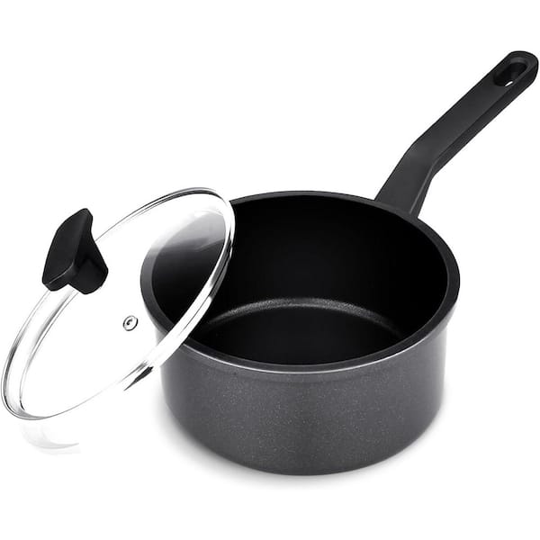 1.5 qt. Nonstick Aluminum Sauce Pan Black Induction Compatible PFOA-Free Coating with Lid for Kitchen Cooking
