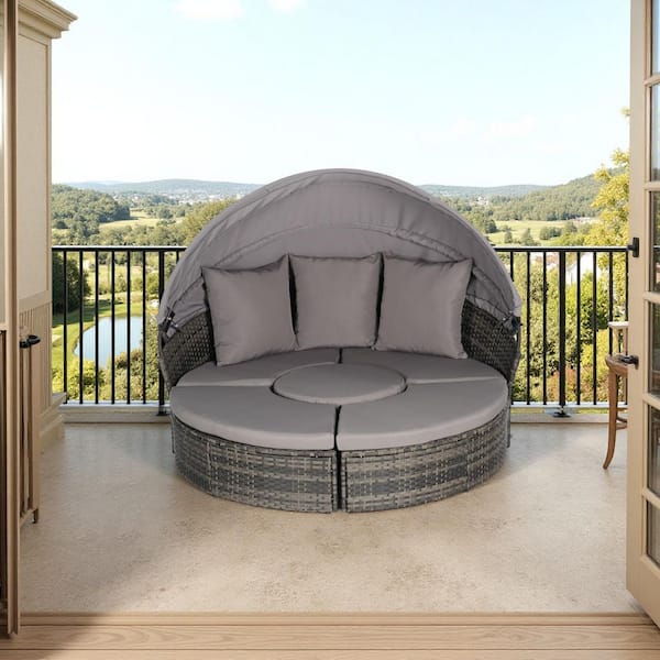 Unbranded 5-Piece Wicker Outdoor Modular Day Bed Seating Separates Sofa Set with Retractable Canopy, Gray Cushions Pillows, Table