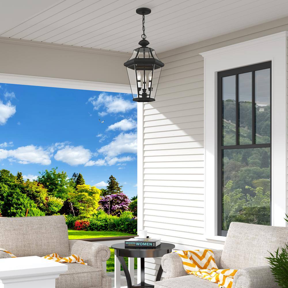 Georgetown Classic Black Brass 3-Light Outdoor Pendant with Clear Beveled Glass