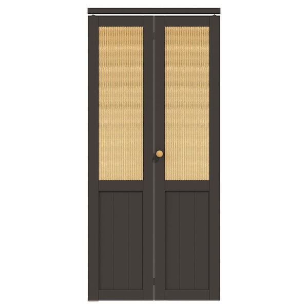 ARK DESIGN 36 in. x 80 in. Half Paneled Solid Core Black Finished MDF Wood and Imitated Rattan Weaving Bi-Fold Door with Hardware
