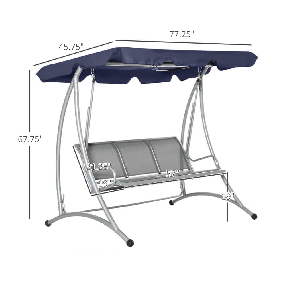 Blue 3-Seater Steel Patio Swing Chair with Adjustable Canopy