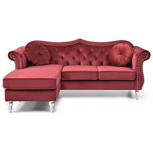 Hollywood 81 in. Round Arm Velvet Specialty Tufted L Shaped Sofa in Red