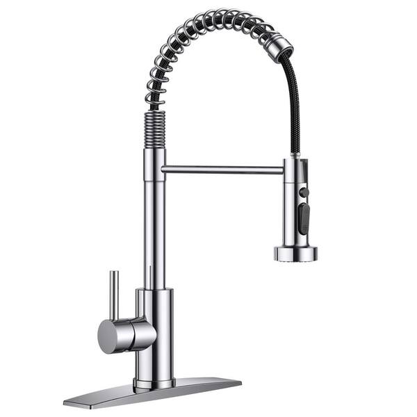 androme Single Handle Pull Down Sprayer Kitchen Faucet with Deckplate, Pull Out Spray Wand in Polished Chrome