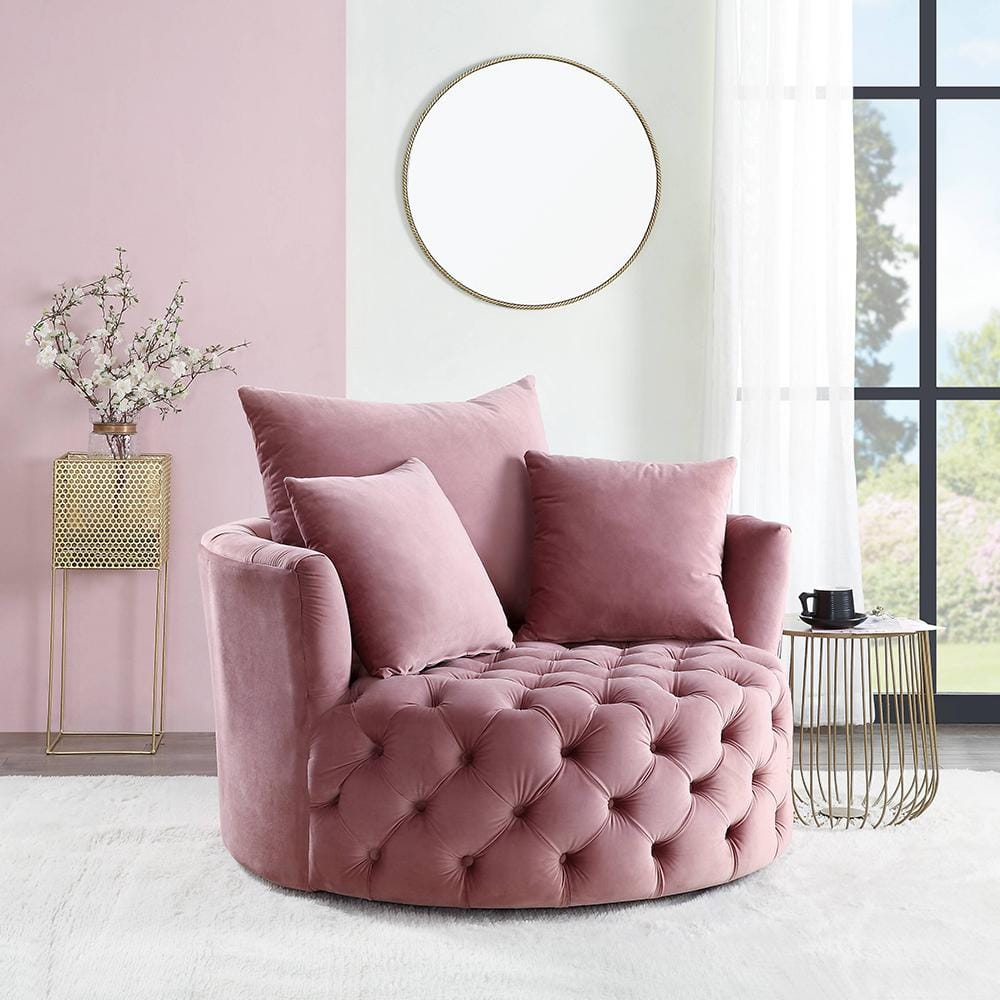 Pink Velvet Barrel Swivel Accent Chair with Pillows