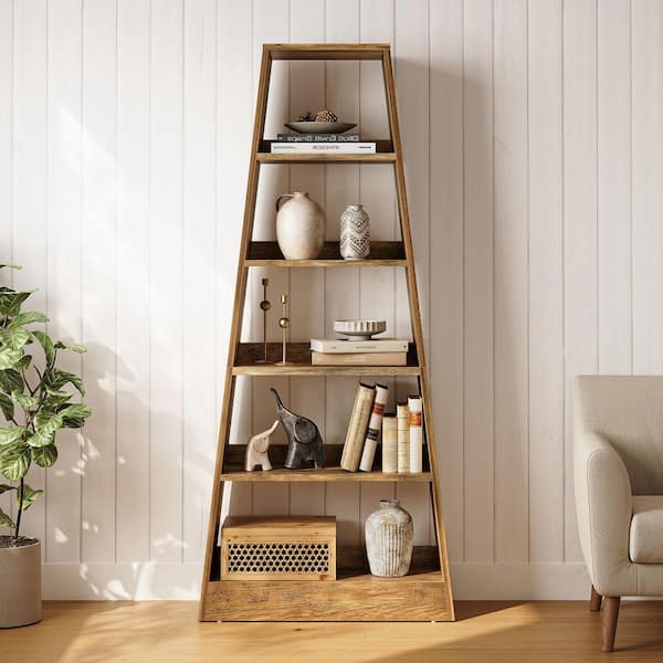Eulas 70.9 in. Tall Umber Wood 6-Shelf Etagere Bookcase with Ladder Shaped, Open Bookshelf