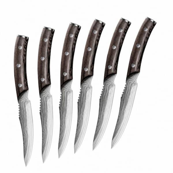 6-Piece 4.8 in. Carbon Steel Japanese Steak Knife Set with Wooden Handle, Non-Serrated and Pattern Full Tang Design