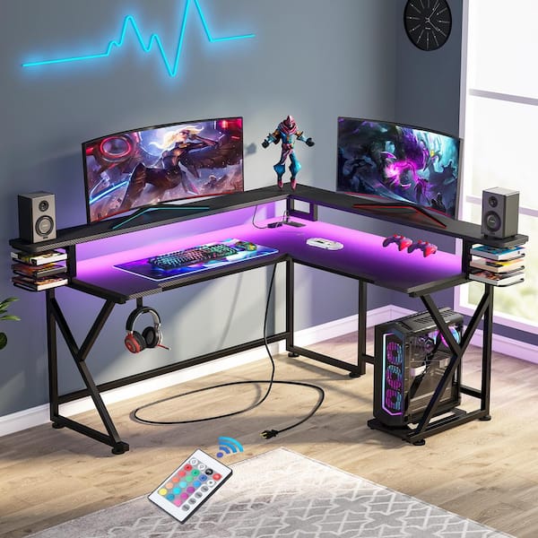 Havrvin 61 in. L Shaped Black Wood Gaming Desk with Led Lights and Power  Outlet, Computer Corner Desk with Monitor Stand