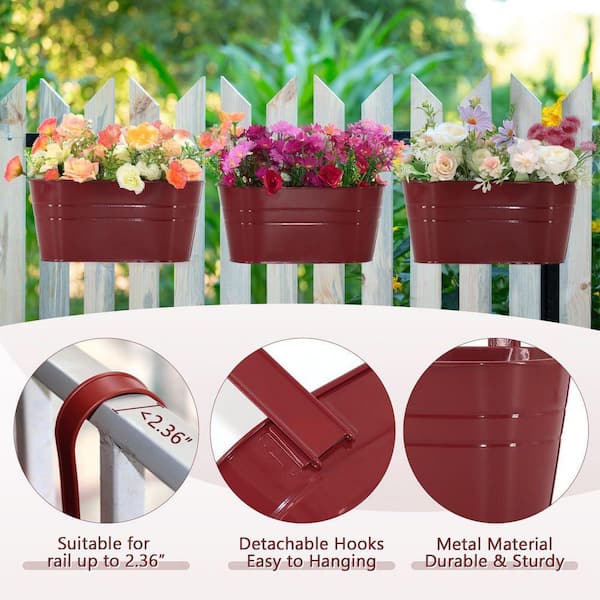3 Pack Metal Iron Hanging Flower Pot, Oval Railing Fence Garden
