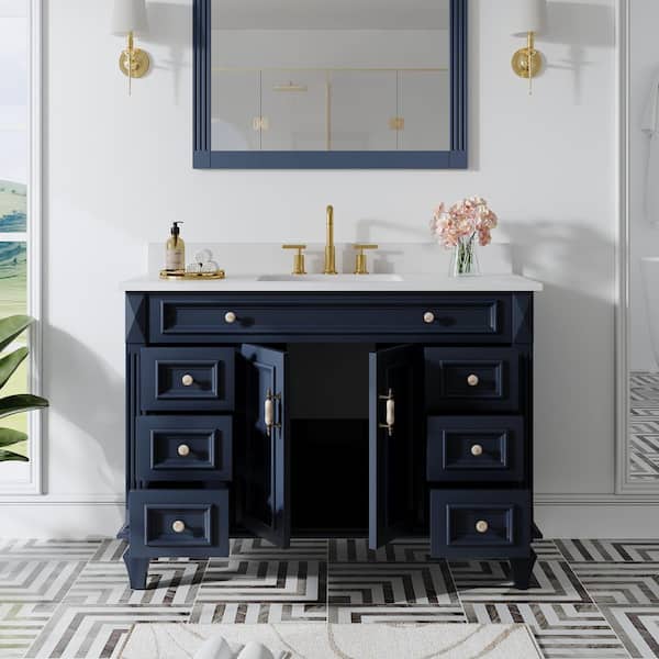 48 in. W x 22 in. D x 35 in. H Solid Wood Certified Single Sink Bath Vanity in Navy Blue with Stain-resistant Quartz Top