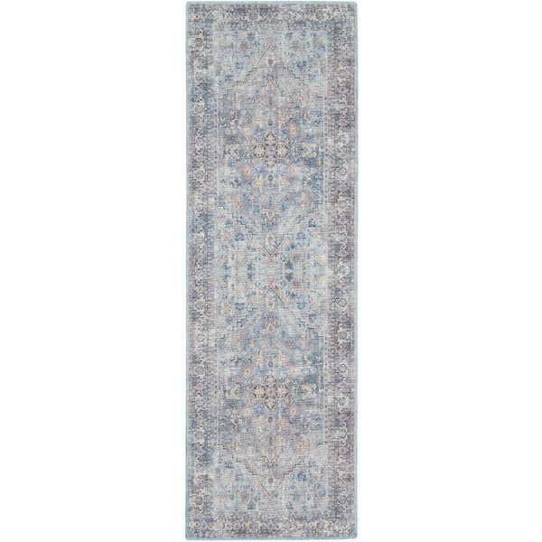 57 Grand Machine Washable Light Grey/Blue 2 ft. x 6 ft. Bordered Traditional Kitchen Runner Area Rug