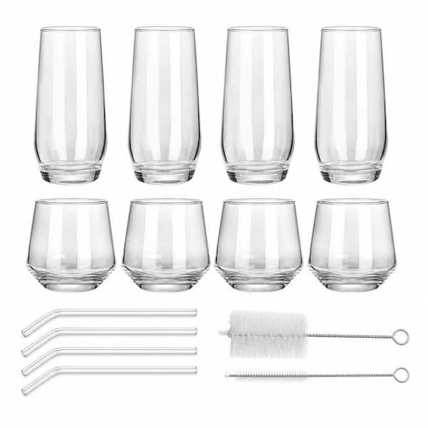 Wudkey Drinking Glasses Set of 8, Clear 13 oz. & 18 oz. Crystal Glass Cups, Highball Water Tumbler, Short Stemless Wine Glasses