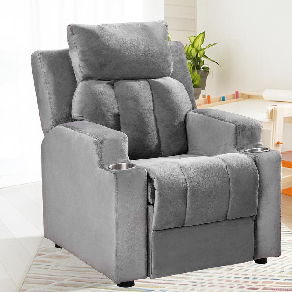 Magic Seats for Superheroes and Princesses, Kids Recliner Sofa Chair, 2-Cup Holders, Push Back Recliner in Gray
