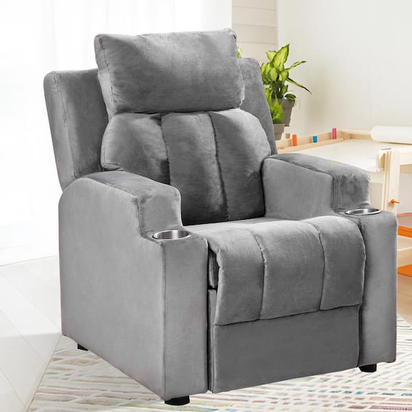 MAYKOOSH Magic Seats for Superheroes and Princesses, Kids Recliner Sofa Chair, 2-Cup Holders, Push Back Recliner in Gray