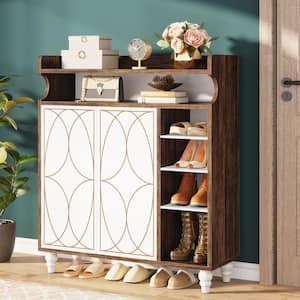 41 in. H x 35 in. W White and Brown Wood Shoe Storage Cabinet
