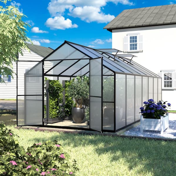 8 ft. W x 14 ft. D Polycarbonate Walk-in Greenhouse for Outdoors with 2-Adjustable Roof Vents, Gray