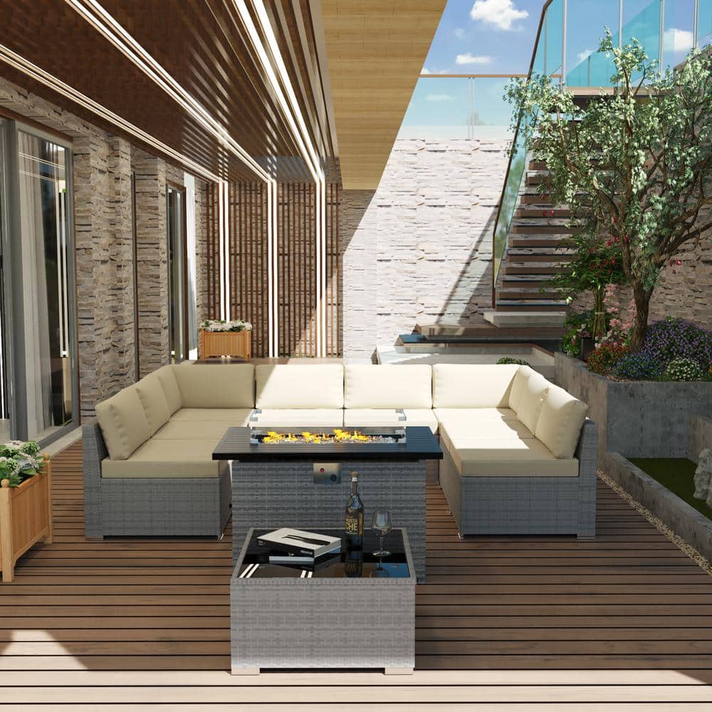 10-Piece Wicker Outdoor Patio Sectional Conversation Set with Beige Cushions and Fire Pit Table price history on PriceWatchPro