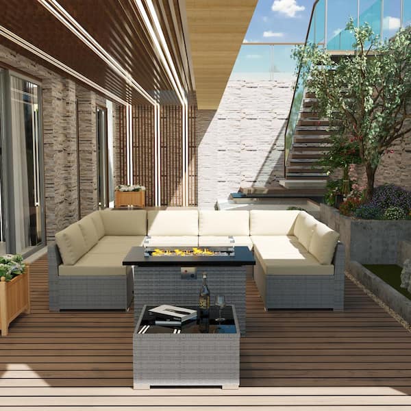 Gardenbee 10-Piece Wicker Outdoor Patio Sectional Conversation Set with Beige Cushions and Fire Pit Table