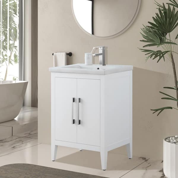 24 in. W x 18.5 in D x 34 in. H Single Sink Bathroom Vanity Cabinet in White with Ceramic Top
