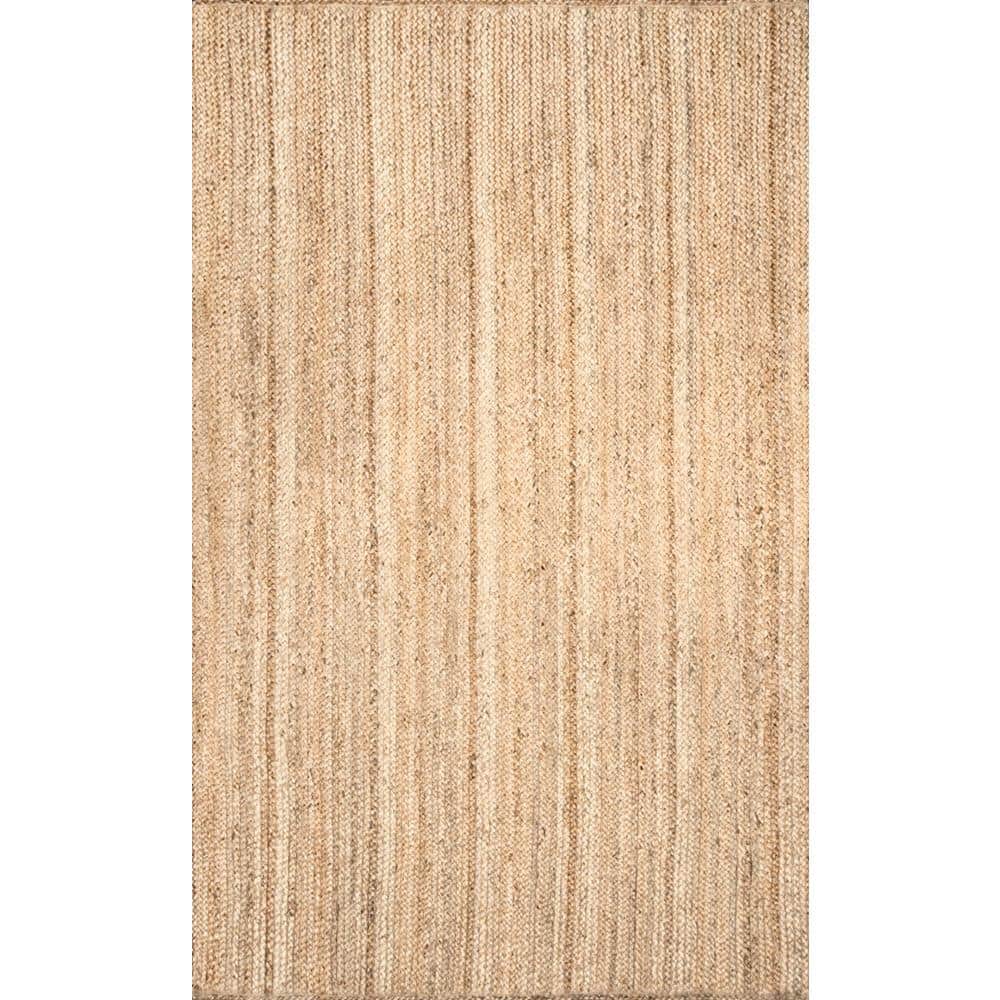 Hand Braided Natural Jute Rug With Beige & Green Triple Line New