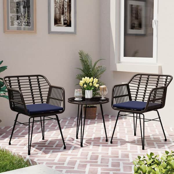Esunny 3-Piece Wicker Outdoor Patio Conversation Sets with 2-Armchairs, 1-Round Table and Dark Blue Cushions