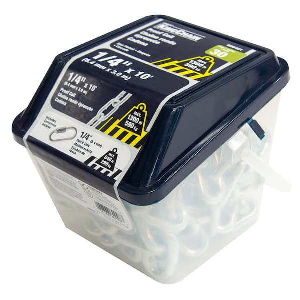1/4 in. x 10 ft. Zinc Plated Grade 30 Proof Coil Chain with 1/4 in. Quick Link Grab N Go Plastic Tub