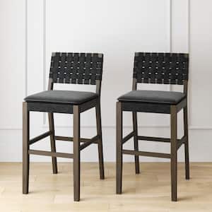 Cohen 29 in. Wood Mid-Century Faux Leather Counter Height Bar Stool, with Woven Back for Kitchen, Black, (Set of 2)