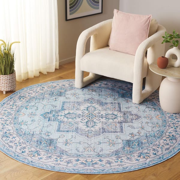 Arizona 6 ft. x 6 ft. Light Blue/Ivory Machine Washable Faded Medallion Round Area Rug