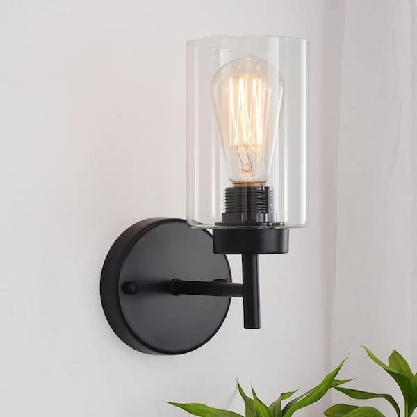 3.93 in. 1-Light Black Modern Bath Wall Sconce with Clear Glass Shade