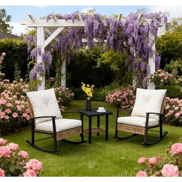 3-Piece Metal and Wicker Patio Conversation Set with White Cushions