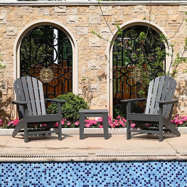 Tenleaf Gray Folding Wood Outdoor Adirondack Chairs with 2-Chairs and 1-Table