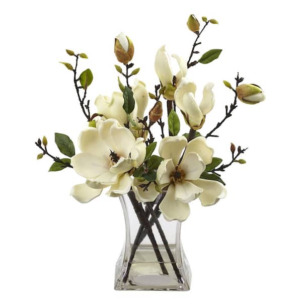 Nearly Natural 15 in. Artificial Magnolia Arrangement with Vase