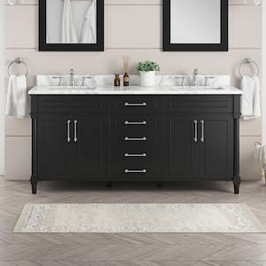 Aberdeen 72 in. Double Sink Black Bath Vanity with Carrara Marble Top (Assembled)