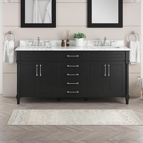 Home Decorators Collection Aberdeen 72 in. Double Sink Freestanding Black Bath Vanity with Carrara Marble Top (Assembled)